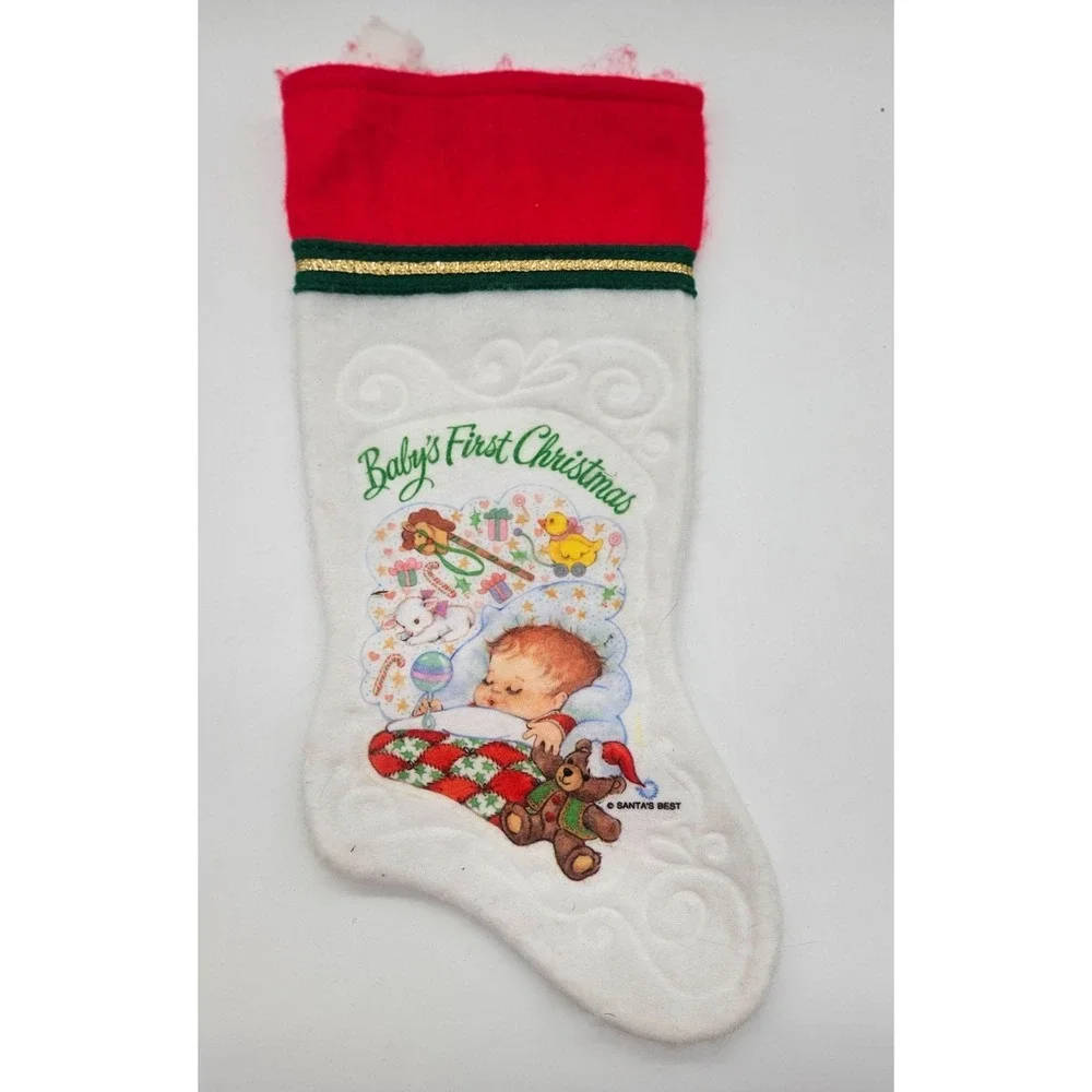 Vintage Santas Best Babys First Christmas Stocking White Felt Sleeping Baby 1980